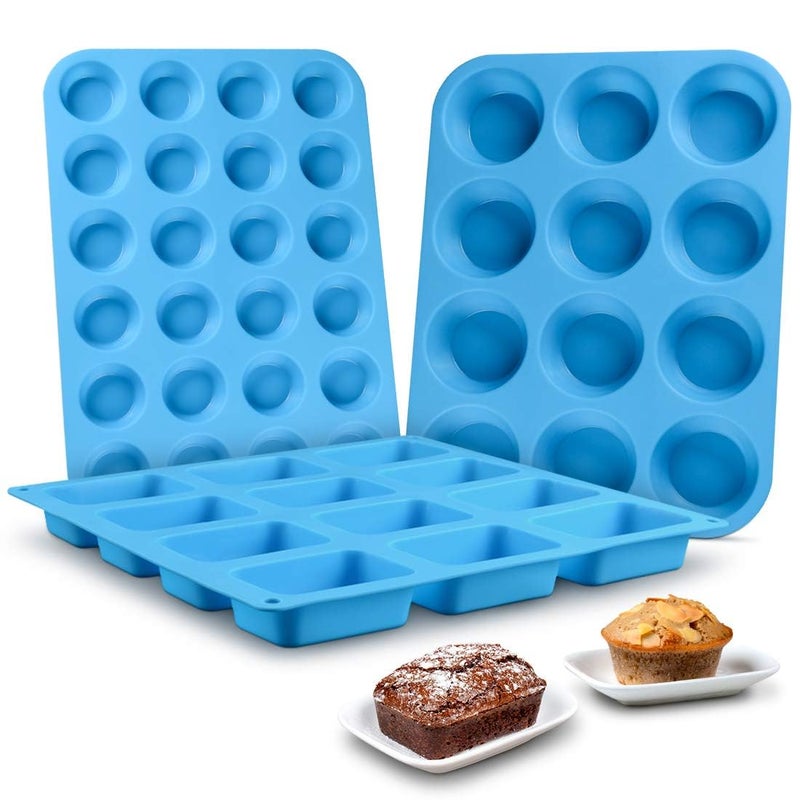 CAKETIME Silicone Muffin Pan - Cupcake Pan, Mini Loaf Pan Silicone Baking Molds Food Grade 3-Pack - Image 1